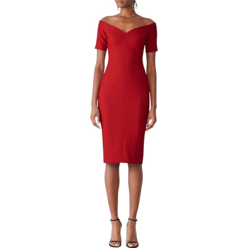 Cinq à Sept Birch Red Off-The-Shoulder Cocktail Midi Sheath Dress Size 4 NWT